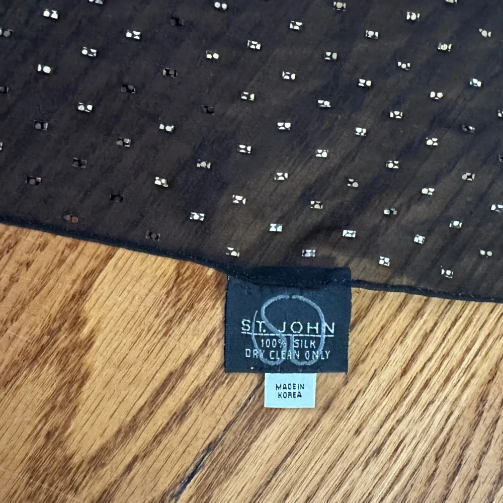 St. John Black Sheer Silk Scarf with Gold Polka Dots